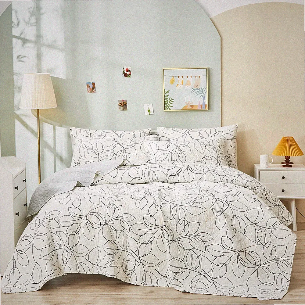 Abstract Floral Leaf Vine White Black Grey Bed Sheet Bedspread Bedding Set