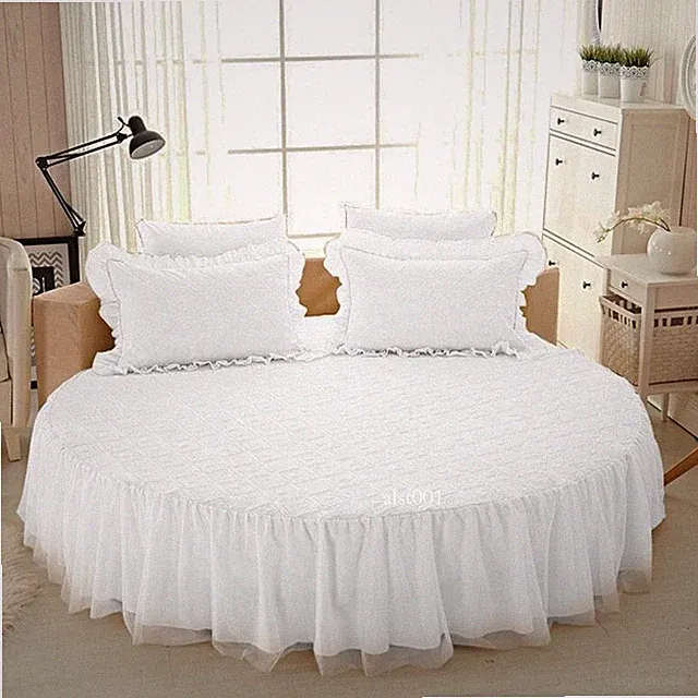 Round Fitted Sheet Cotton Quilted Bedspread Non-slip Mattress Cover Bed Skirts