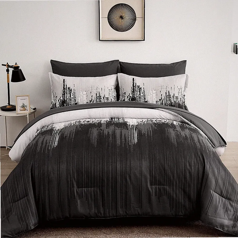 WONGS Queen King Comforter Set,Black Grey Abstract Art Gradient Soft Microfiber